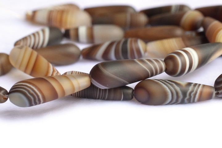 15.25" 10x30mm matte/frosted brown stripe agate teardrop beads