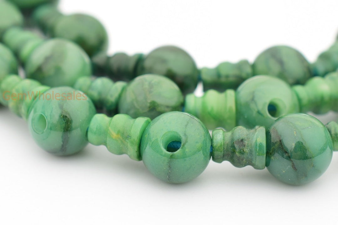 5 Sets 10mm Natural African Green Jade T hole beads set, Guru Mala Cones Beads