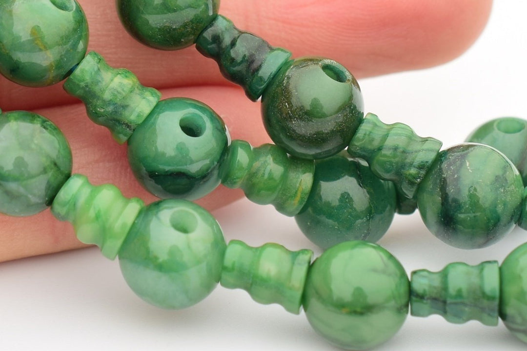 5 Sets 10mm Natural African Green Jade T hole beads set, Guru Mala Cones Beads