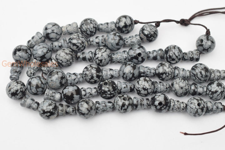 5 sets 10mm Natural Snowflake obsidian T hole beads set, Guru Mala Cones Beads