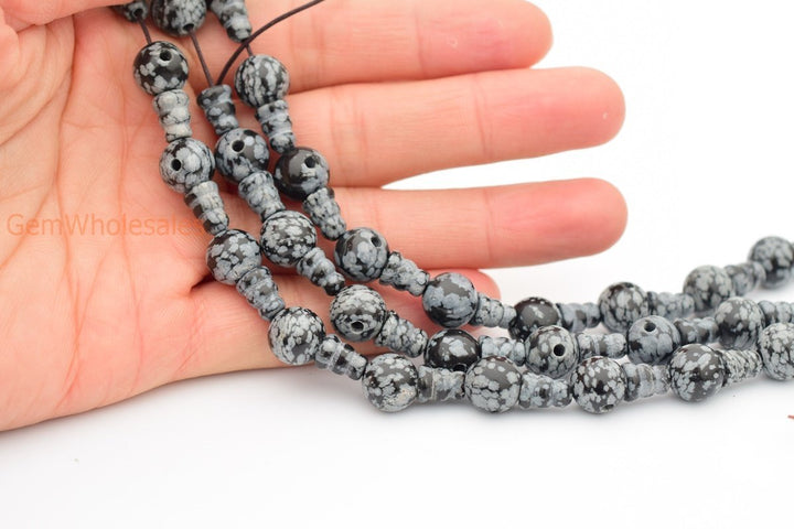 5 sets 10mm Natural Snowflake obsidian T hole beads set, Guru Mala Cones Beads