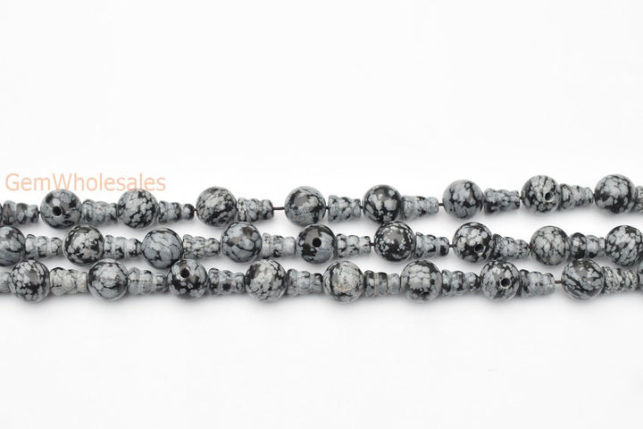 5 sets 10mm Natural Snowflake obsidian T hole beads set, Guru Mala Cones Beads