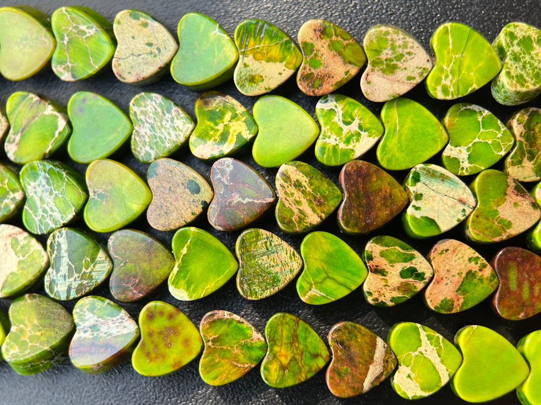 15.5" 6mm grass green Sea Sediment heart beads, emperor jasper heart