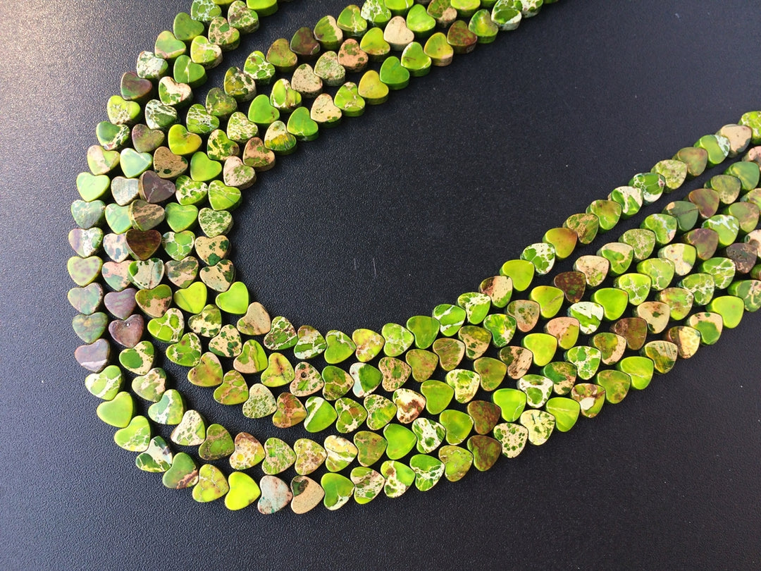 15.5" 6mm grass green Sea Sediment heart beads, emperor jasper heart