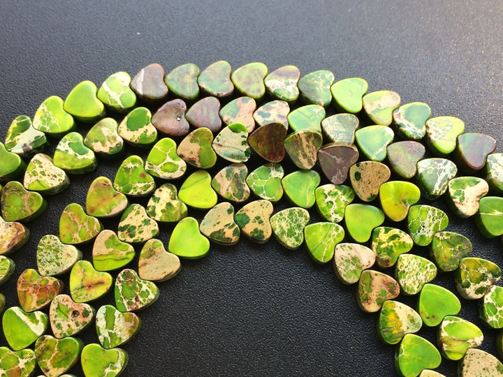 15.5" 6mm grass green Sea Sediment heart beads, emperor jasper heart