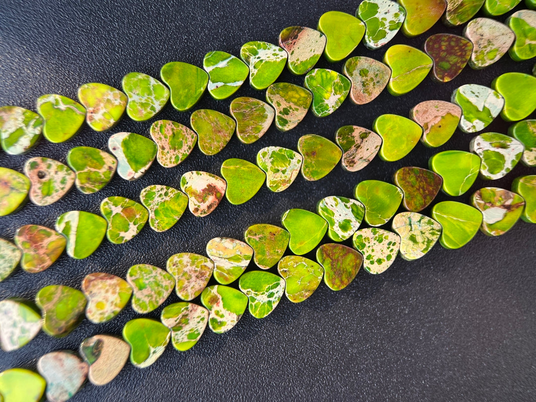 15.5" 6mm grass green Sea Sediment heart beads, emperor jasper heart