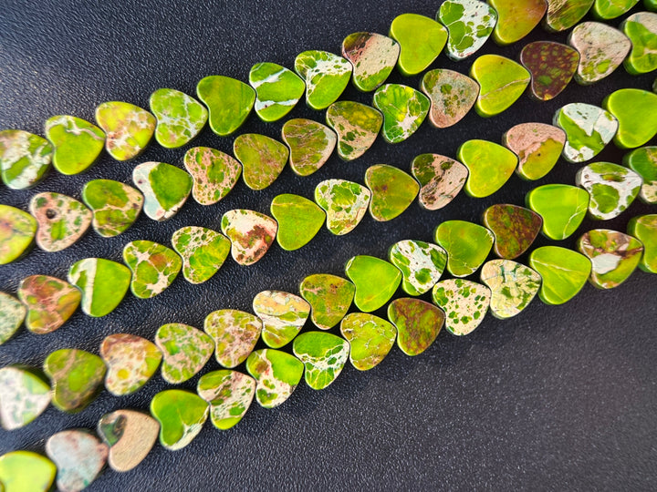 15.5" 6mm grass green Sea Sediment heart beads, emperor jasper heart