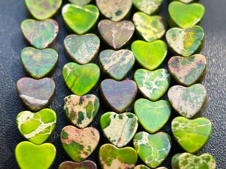 15.5" 6mm grass green Sea Sediment heart beads, emperor jasper heart