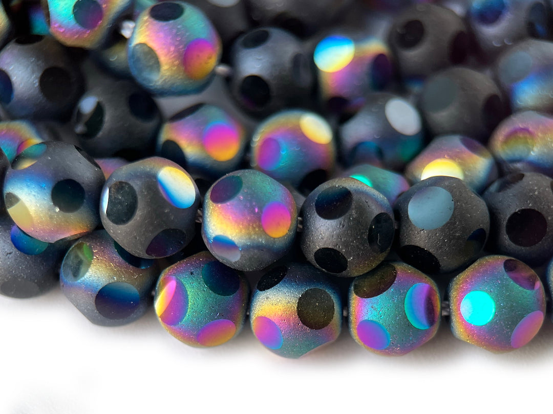 15" 8mm/10mm rainbow black glass football cutting round faceted beads
