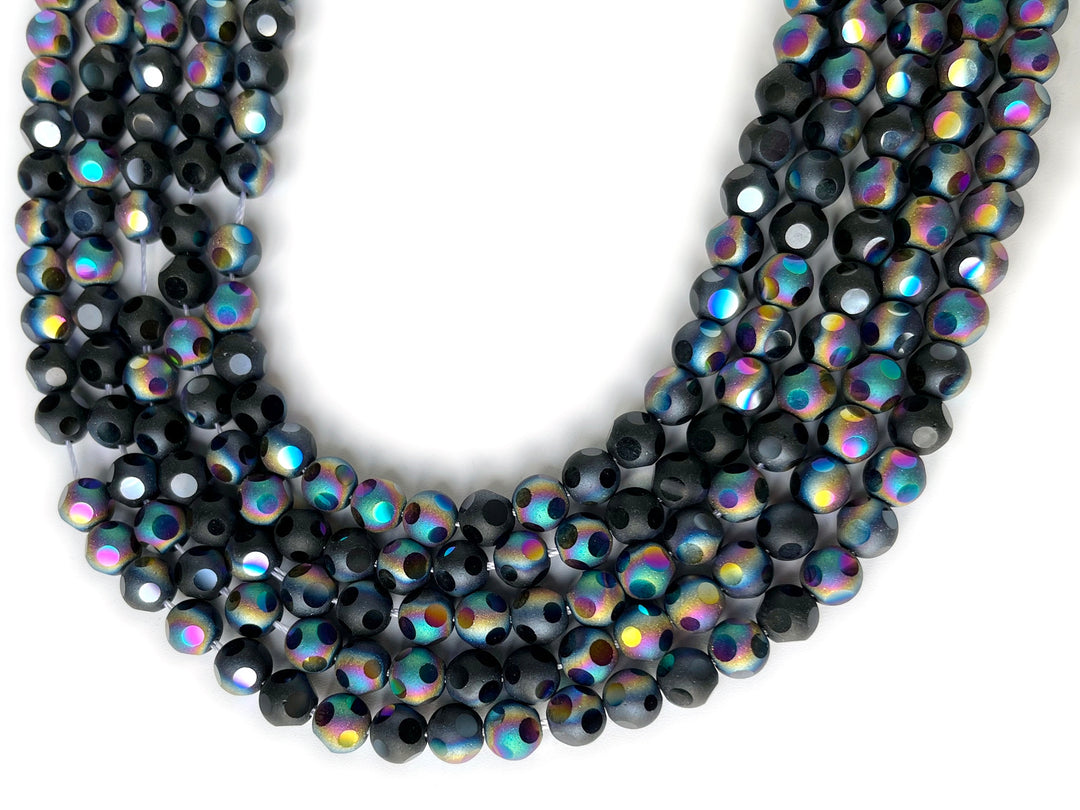 15" 8mm/10mm rainbow black glass football cutting round faceted beads