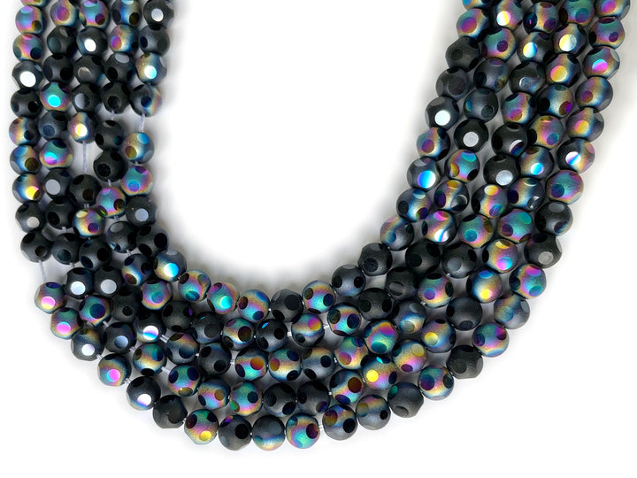15" 8mm/10mm rainbow black glass football cutting round faceted beads