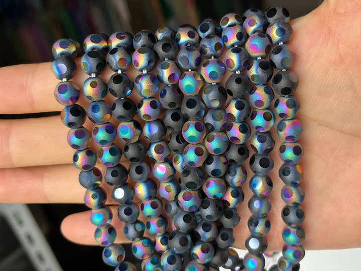 15" 8mm/10mm rainbow black glass football cutting round faceted beads