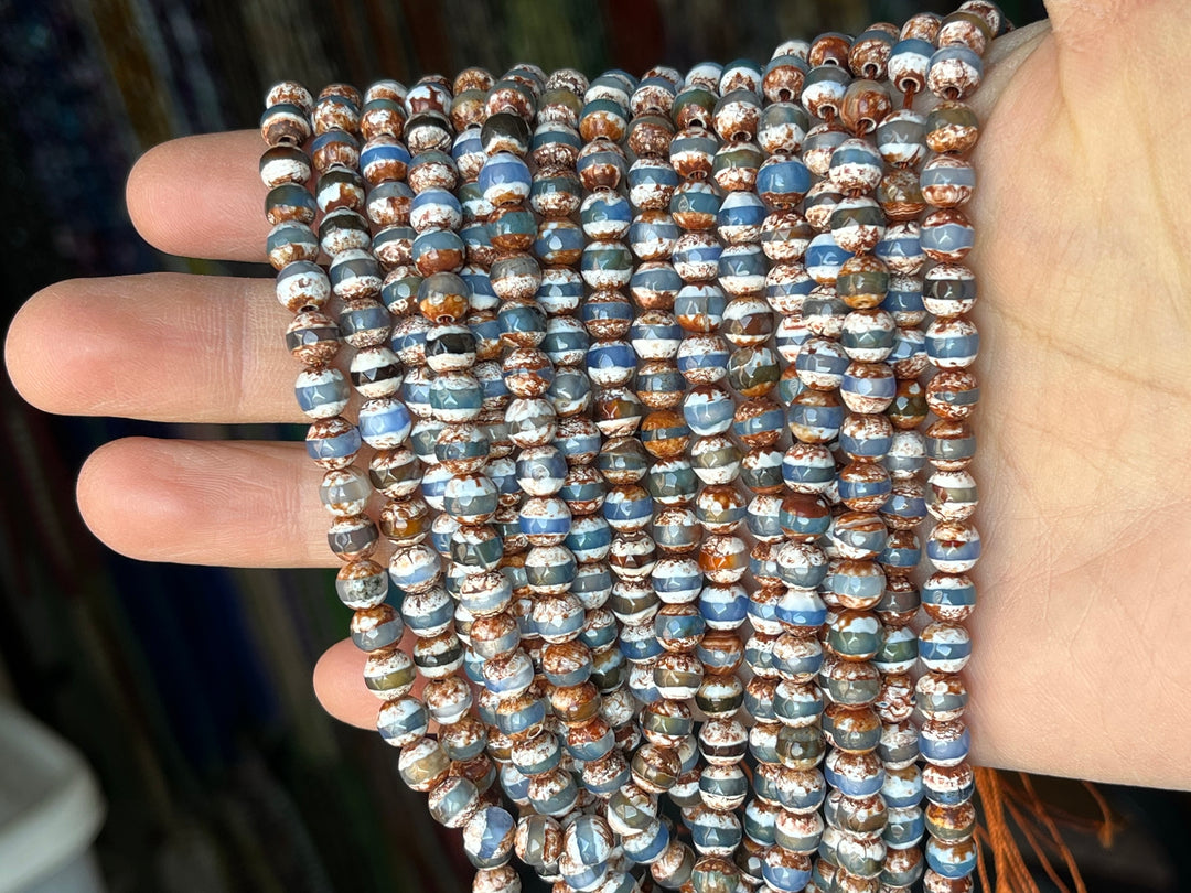 15" 6mm Antique Blue brown Bulk tibetan DZI agate round faceted beads