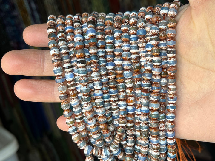 15" 6mm Antique Blue brown Bulk tibetan DZI agate round faceted beads