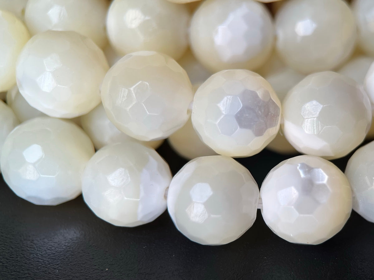 15.5 10mm Natural white MOP round faceted beads ,mother of pearl 128F