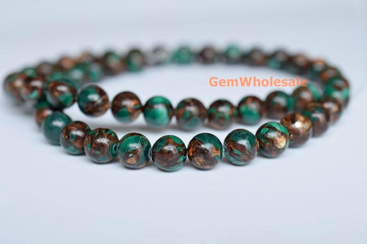 15.5" Malachite & Gold copper bornite round beads 6mm/8mm