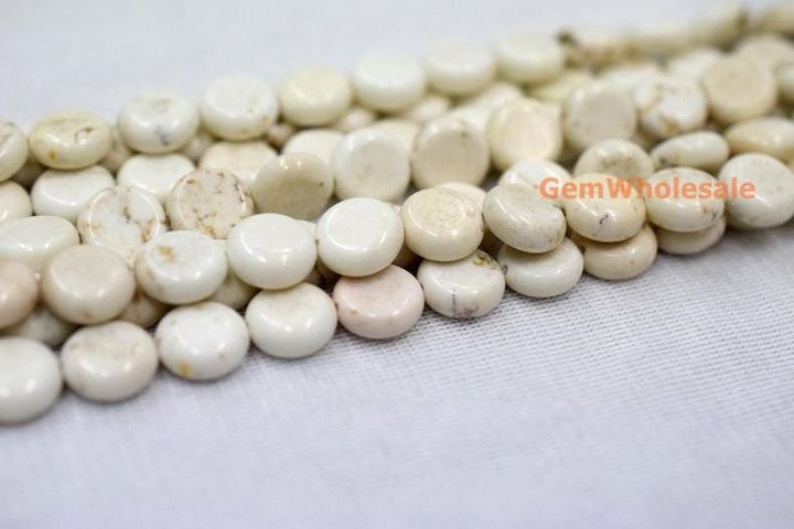 15.5" 10mm/14mm White howlite round coin beads,white beige Gemstone flat coin