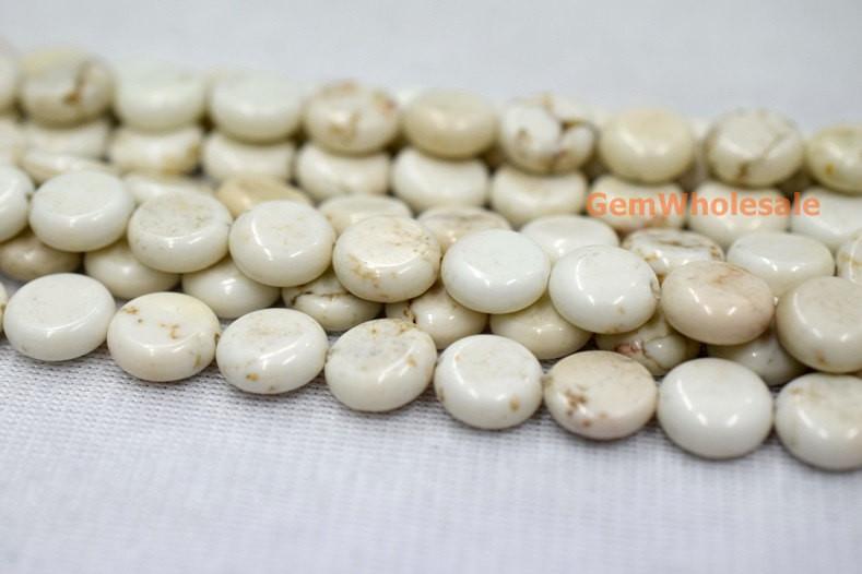 15.5" 10mm/14mm White howlite round coin beads,white beige Gemstone flat coin