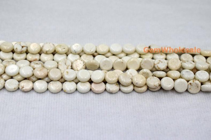15.5" 10mm/14mm White howlite round coin beads,white beige Gemstone flat coin
