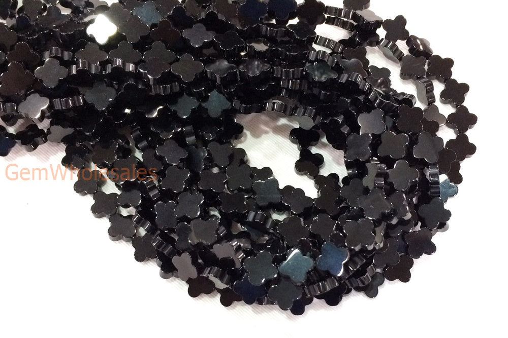 15.5" 12mm Black onyx/agate four leaf clover/quatrefoil beads