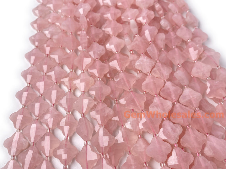 14mm Natural Rose quartz faceted clover/Quatrefoil Beads, 15.5"