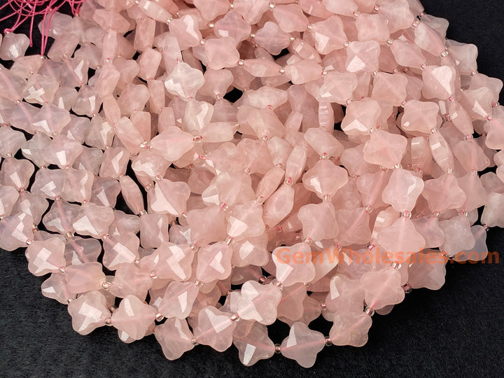 14mm Natural Rose quartz faceted clover/Quatrefoil Beads, 15.5"