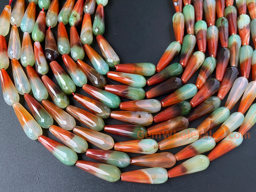 10x30mm Green red stripe agate faceted teardrop beads, 15.5"