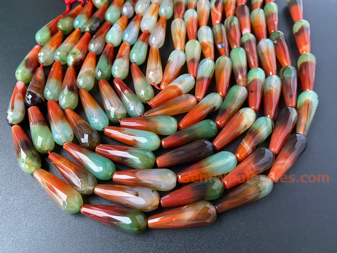 10x30mm Green red stripe agate faceted teardrop beads, 15.5"
