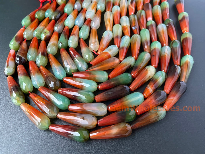 10x30mm Green red stripe agate faceted teardrop beads, 15.5"