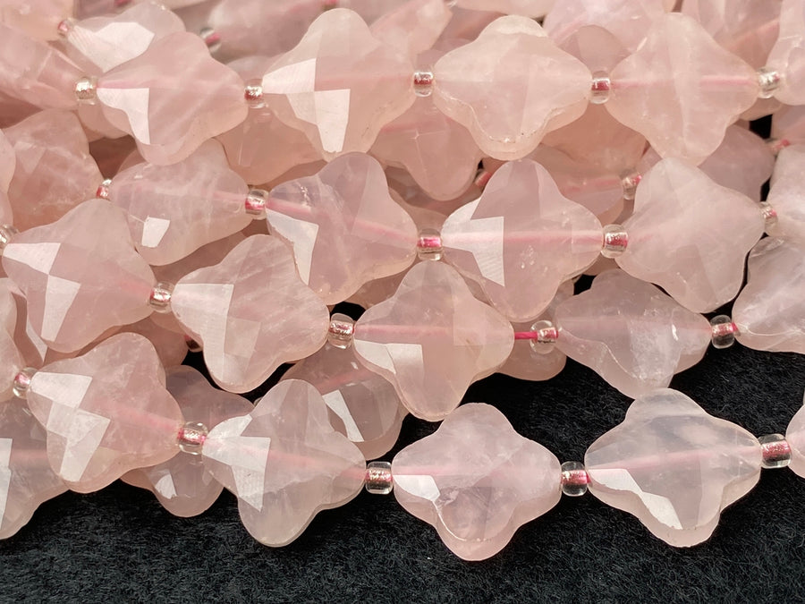 14mm Natural Rose quartz faceted clover/Quatrefoil Beads, 15.5"
