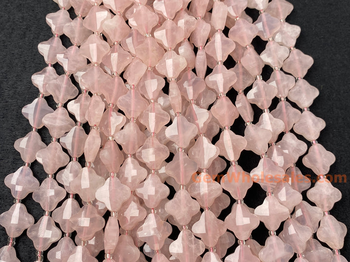 14mm Natural Rose quartz faceted clover/Quatrefoil Beads, 15.5"