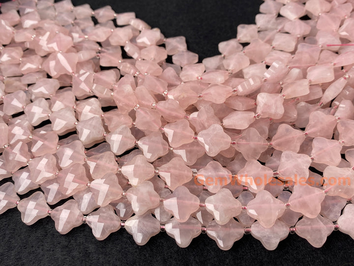 14mm Natural Rose quartz faceted clover/Quatrefoil Beads, 15.5"