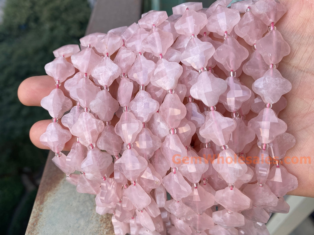 14mm Natural Rose quartz faceted clover/Quatrefoil Beads, 15.5"