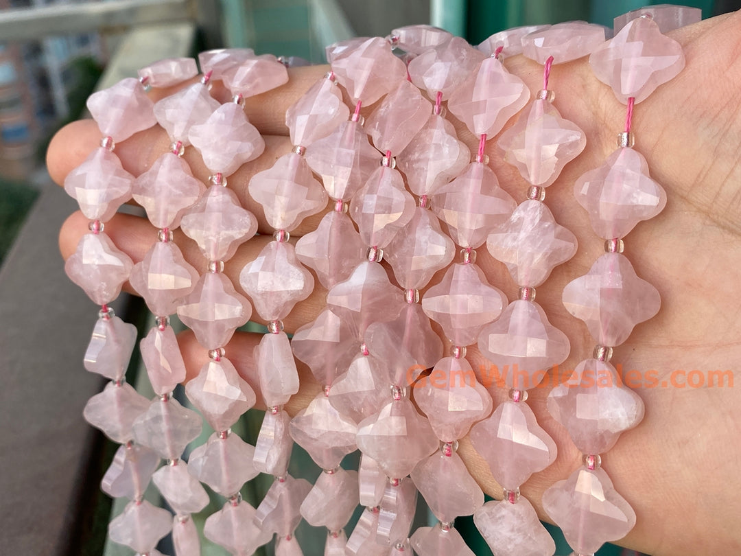 14mm Natural Rose quartz faceted clover/Quatrefoil Beads, 15.5"