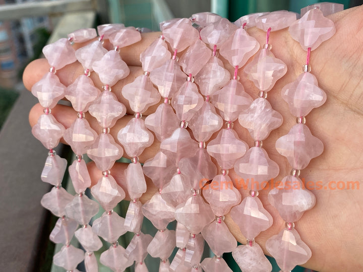 14mm Natural Rose quartz faceted clover/Quatrefoil Beads, 15.5"