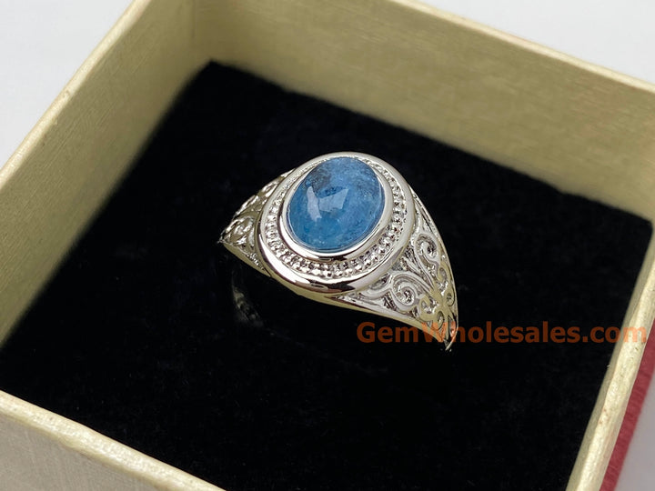 6x8mm natural Oval Aquamarine stone Ring, ajustable brass ring