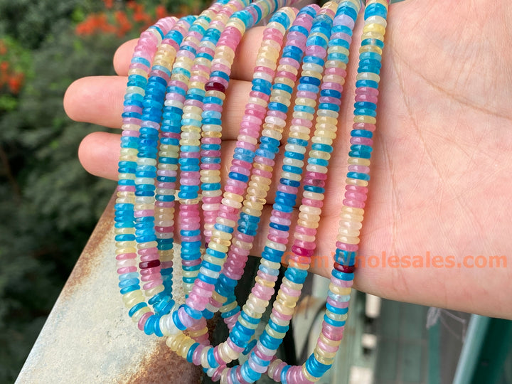 2x6mm Pink blue Yellow multi color jade Heishi beads, 15"