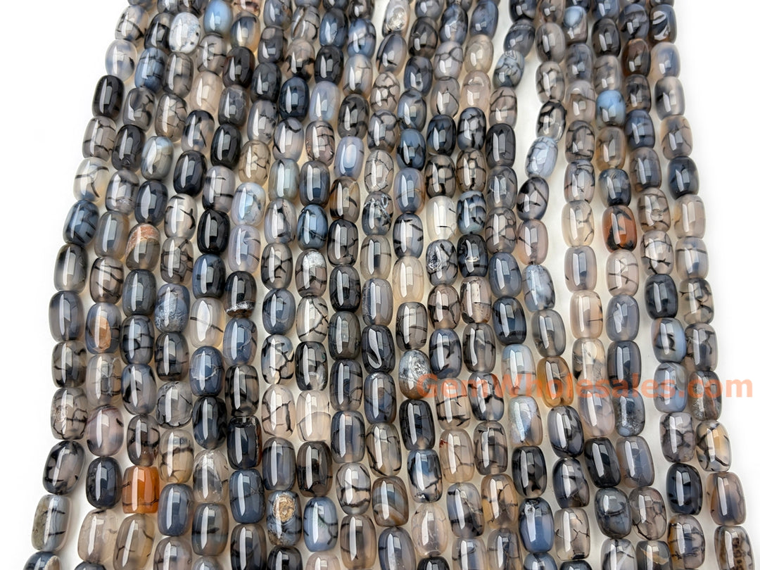 8x12mm black Grey dragon veins agate Barrel Beads, 15.5"