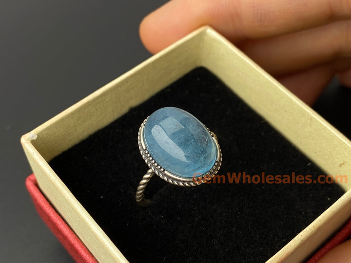 925 sterling silver rings with oval Natural aquamarine cabochon stone