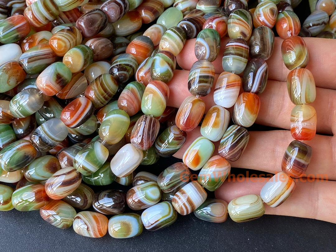 10x14mm Red Green banded Agate barrel beads, 15"
