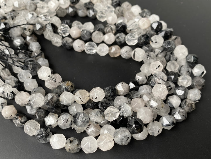 15.5" 10mm Natural black rutilated quartz star faceted beads