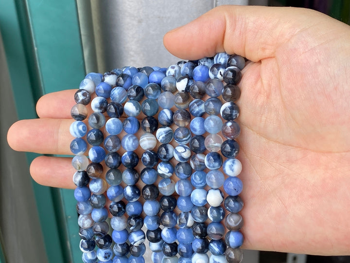 15.5" 8mm Dream grey blue Fire agate round beads, with special stripe