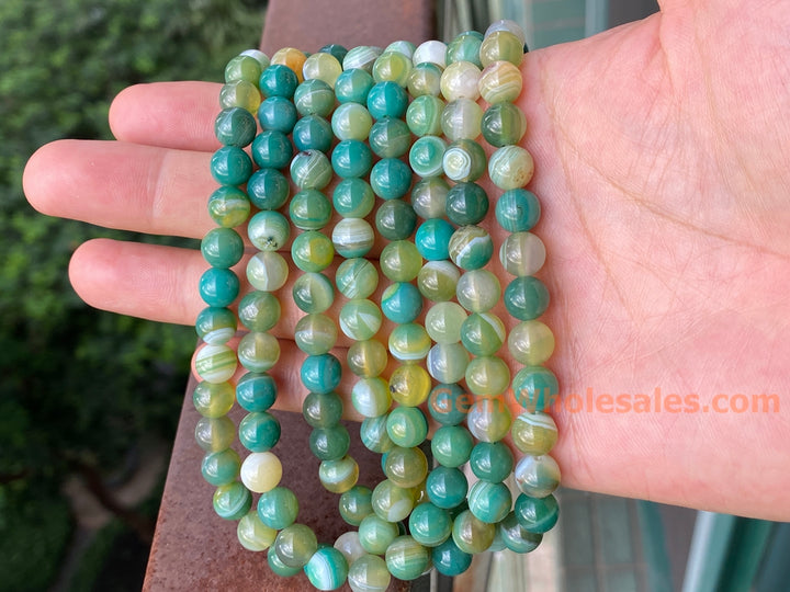 15" 8mm Mix Green stripe agate round semi precious stone beads