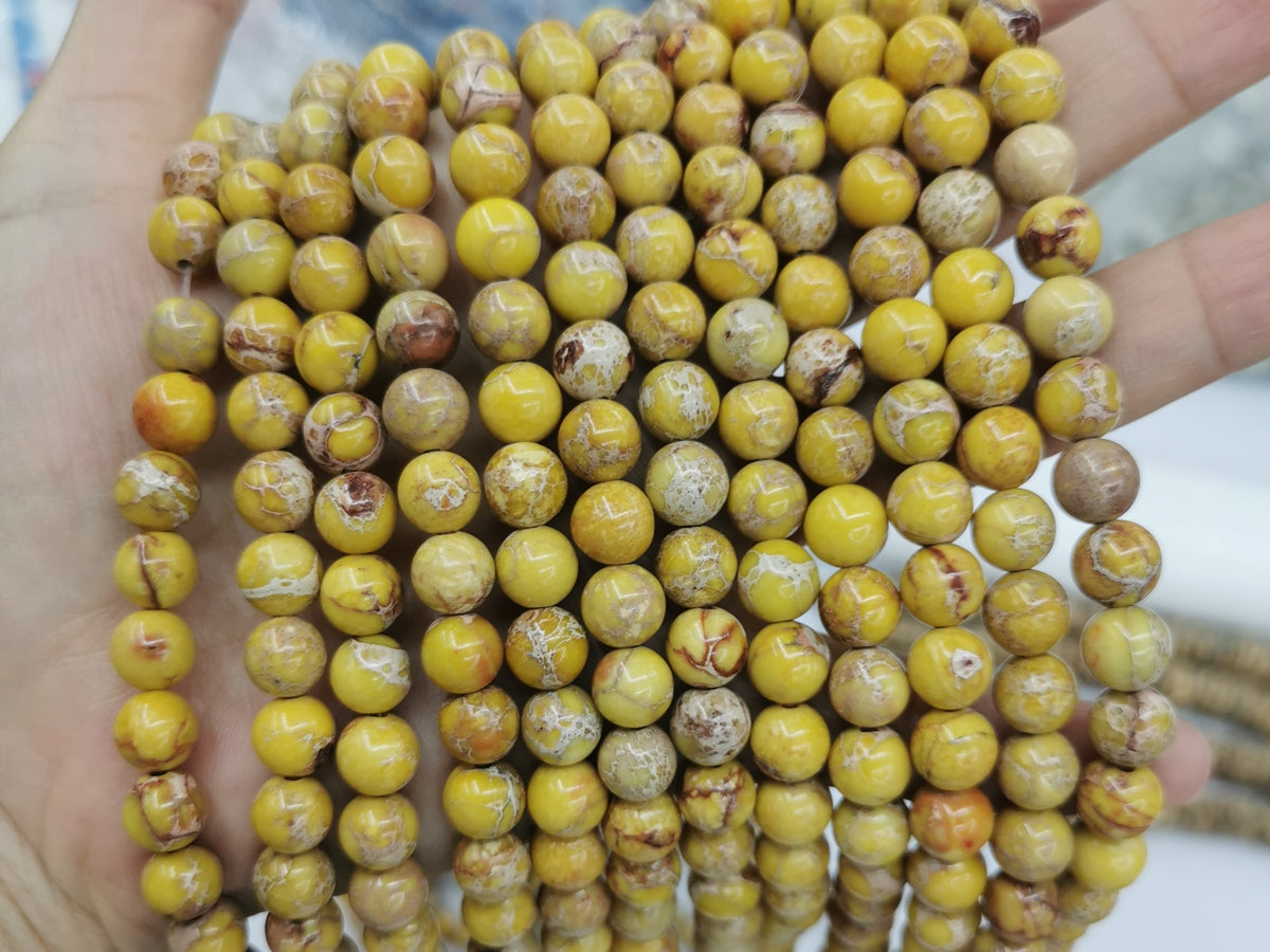 15.5" 8mm yellow emperor jasper, Sea Sediment round beads, terra jasper