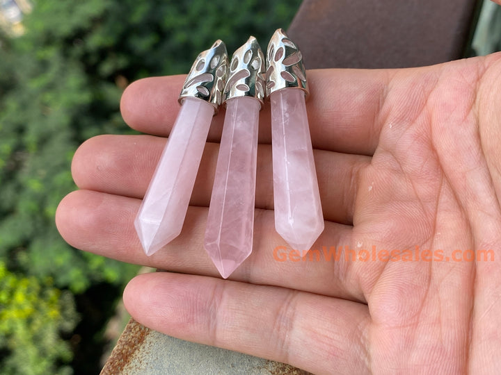 1PC 10x58mm natural rose quartz Crystal Point Pendant, Hexagonal Wand