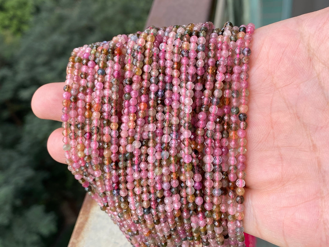 15.5" 3mm natural multi color Tourmaline round faceted gemstone beads