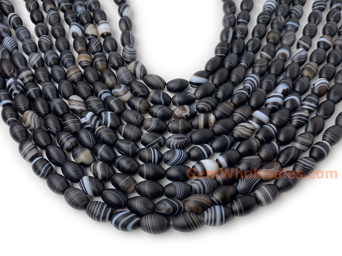 15.5" 8x12mm matte/frosted black stripe Agate oval/rice beads