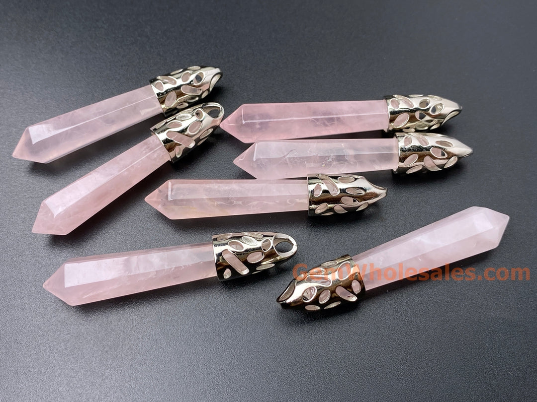 1PC 10x58mm natural rose quartz Crystal Point Pendant, Hexagonal Wand