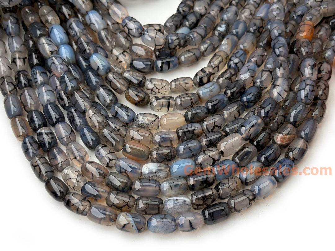 8x12mm black Grey dragon veins agate Barrel Beads, 15.5"