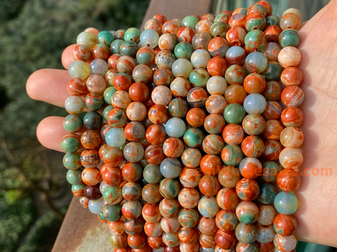 15" 8mm orange Green fire agate round semi precious stone beads